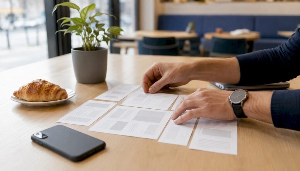 Hands arranging email campaign wireframes in office