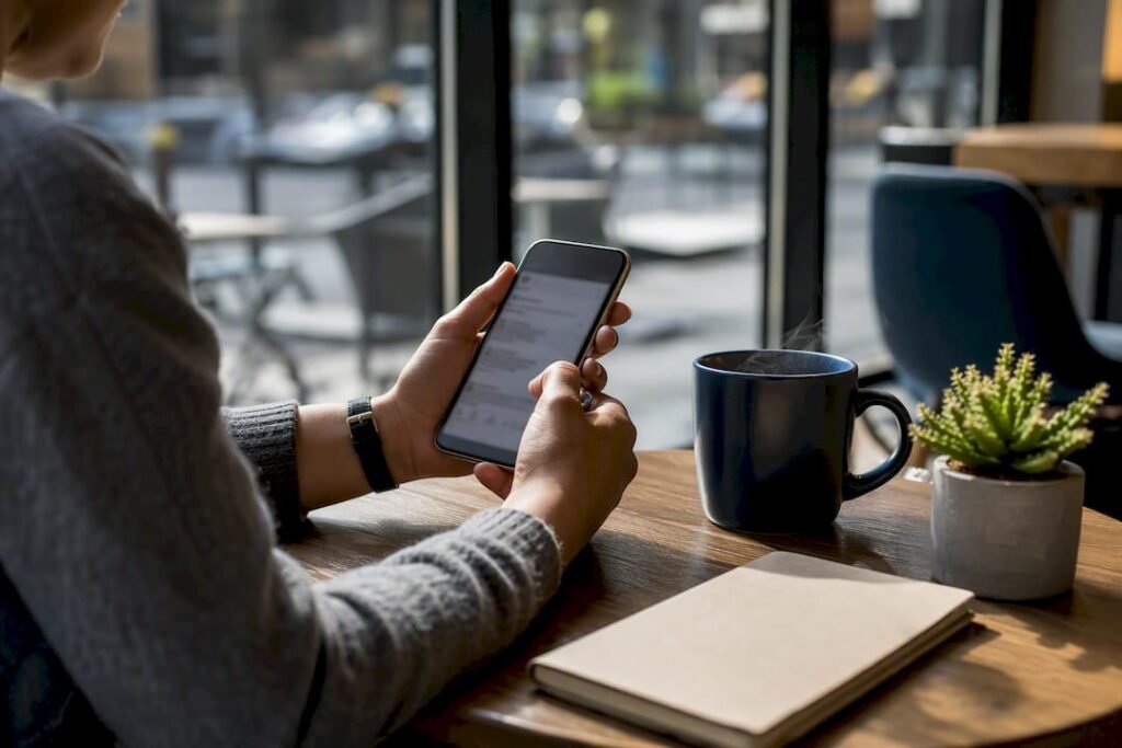Hands holding smartphone with customer reviews