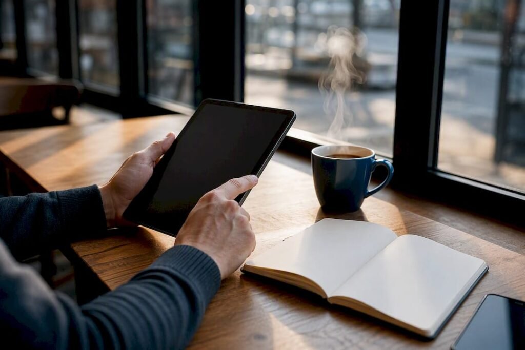 Hands poised over tablet in marketing workspace