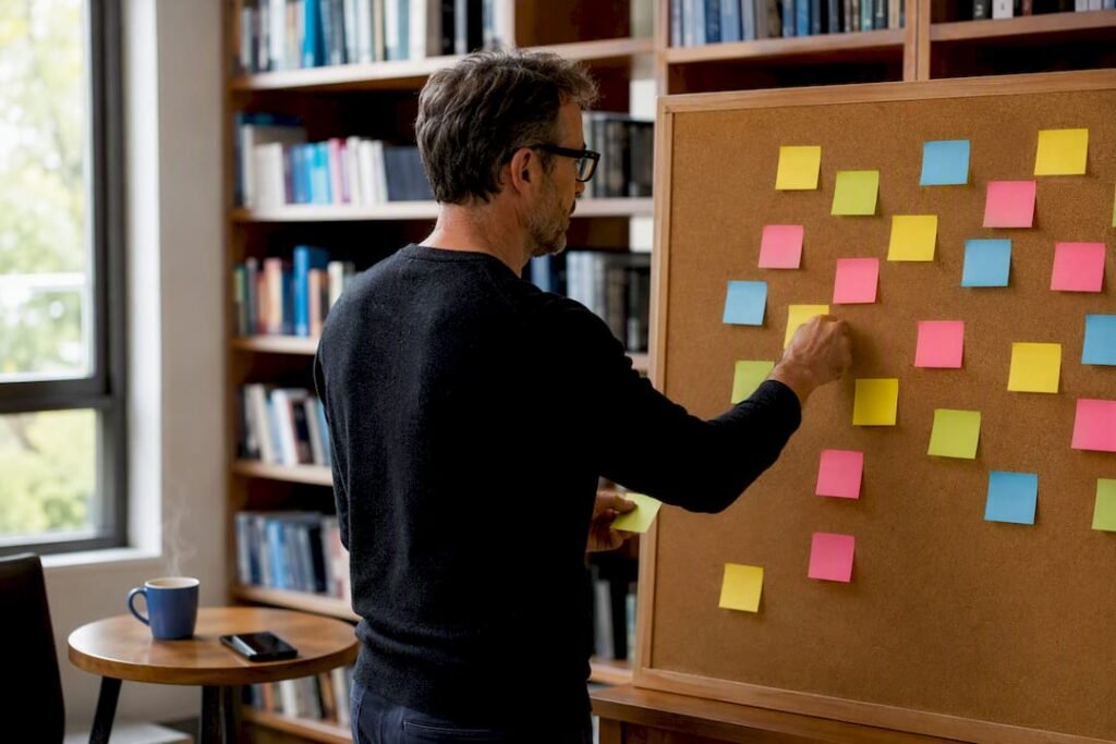 Hands arranging SEO prioritization notes on whiteboard