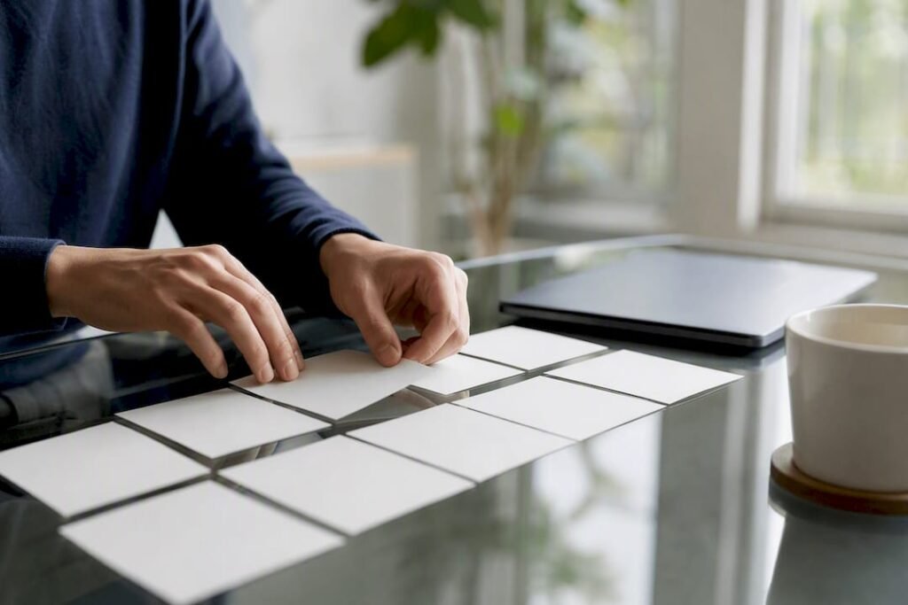 Hands sorting brand search index cards on desk