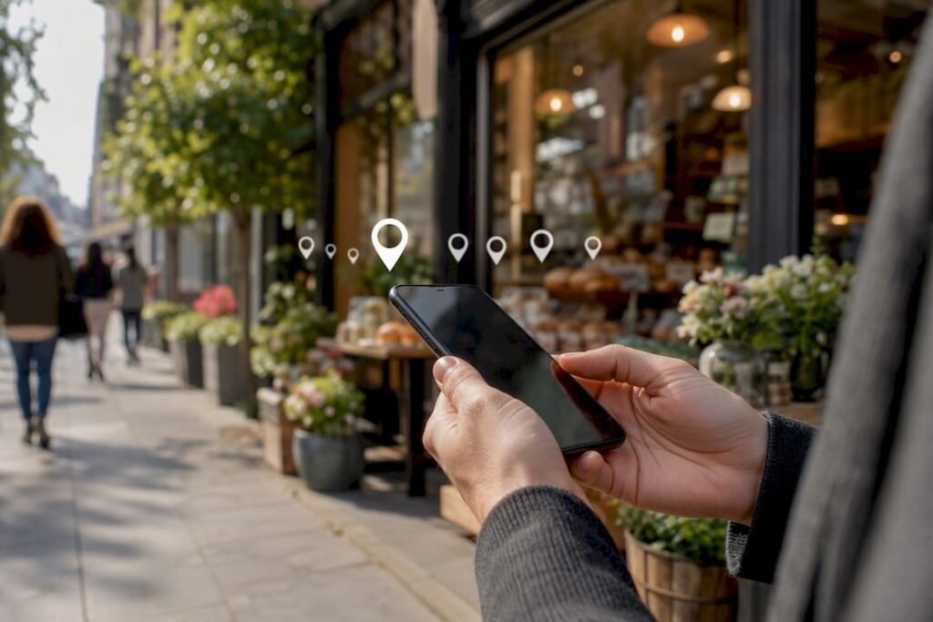 Smartphone showing geo location near local store