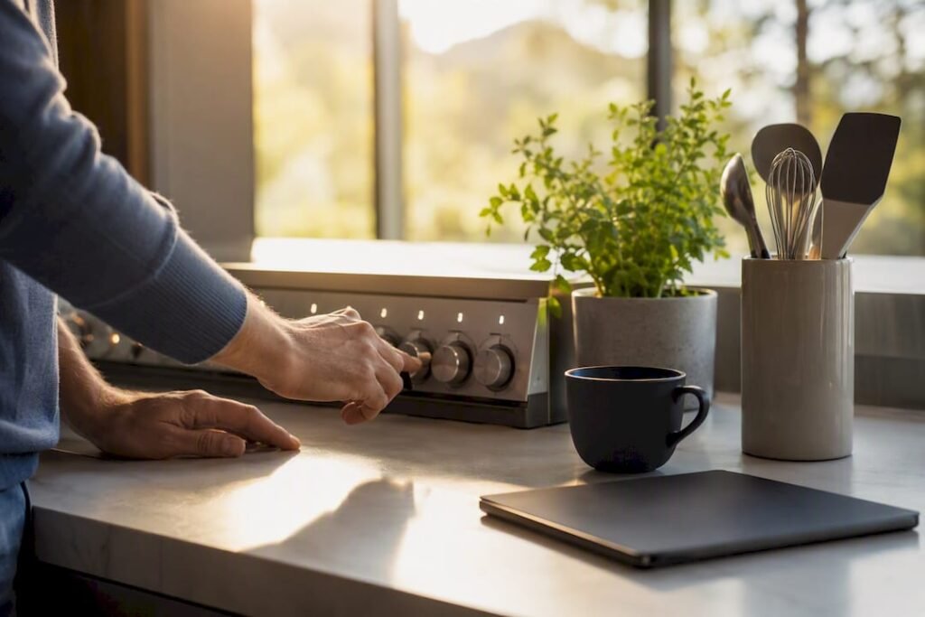 Hands adjusting automation controls on desk