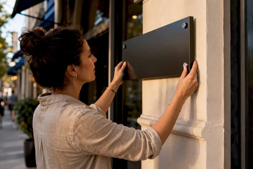 Small business owner installing brand sign