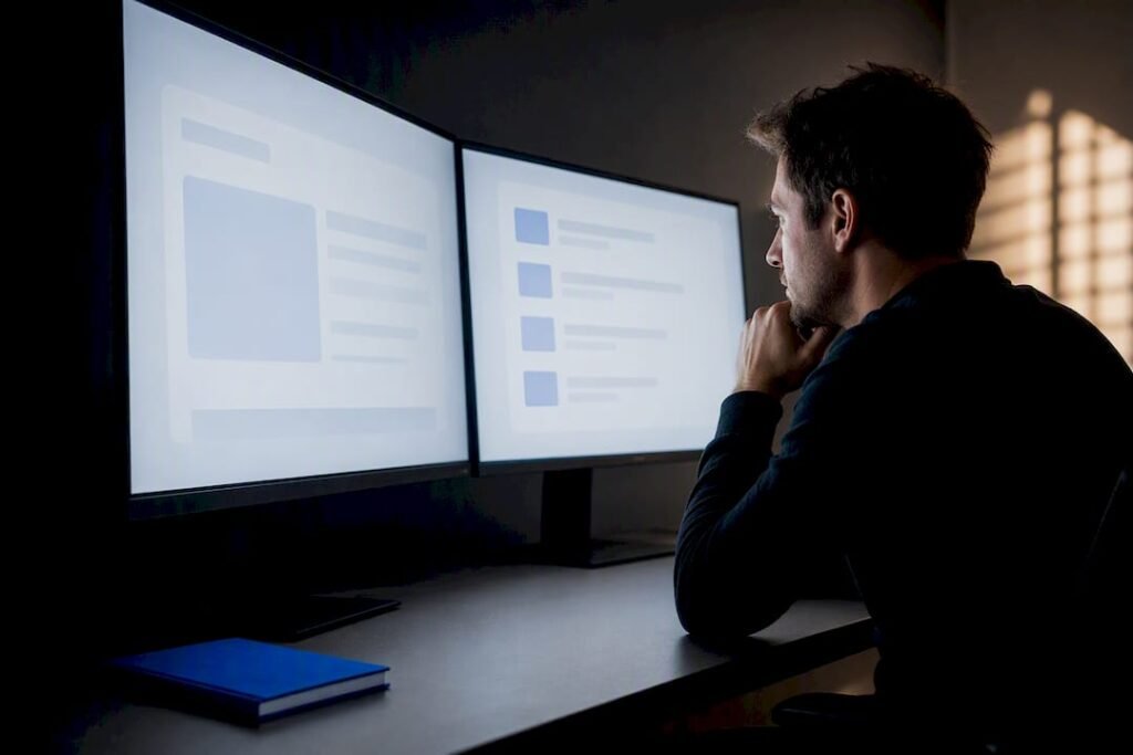 Monitors showing abstract AI visibility data