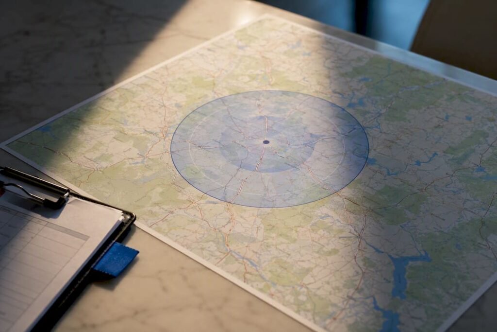Service area map with coverage radius