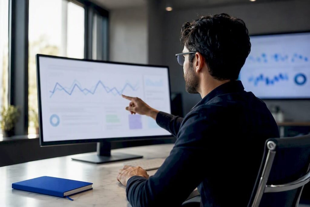 Analyst reviewing an SEO reporting dashboard