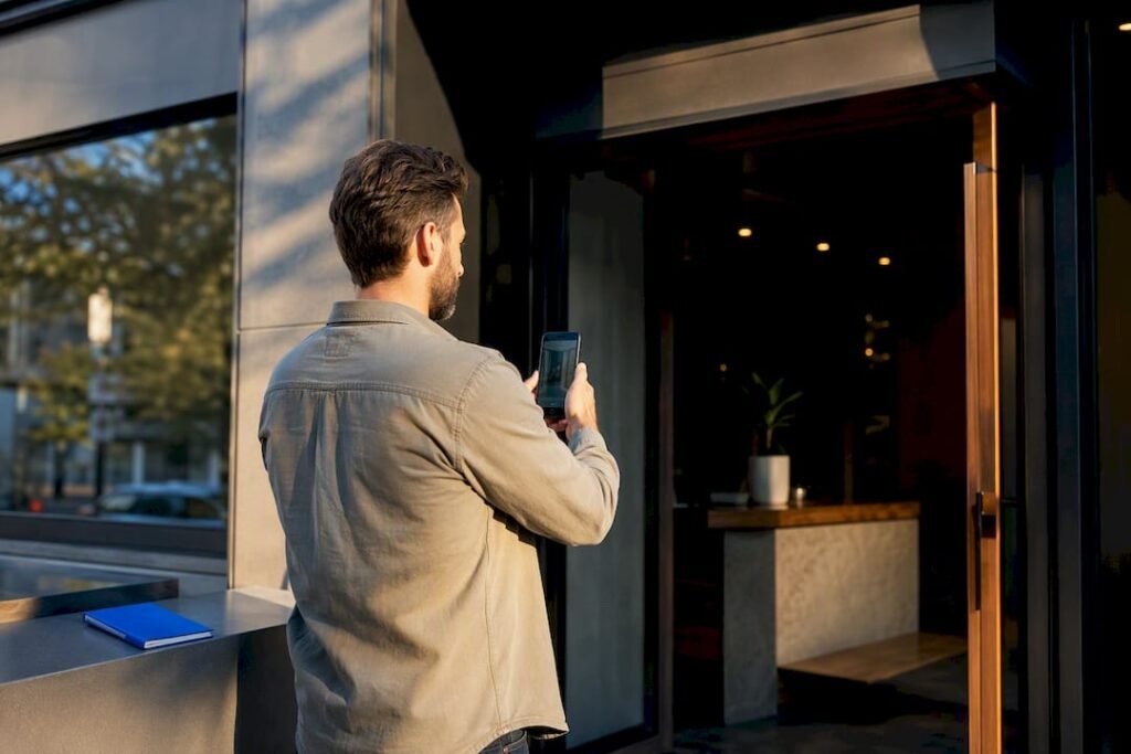 Owner photographing local business storefront