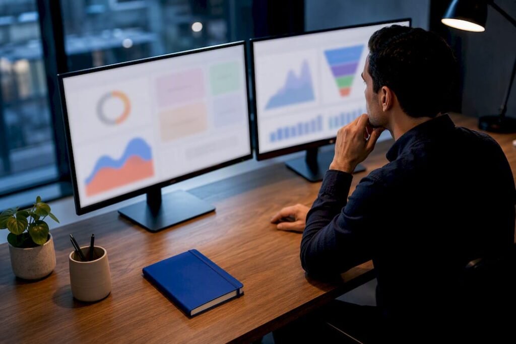 Analyst comparing SEO performance dashboards