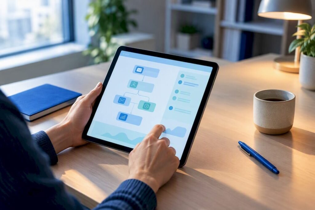 Hands reviewing automated marketing workflow