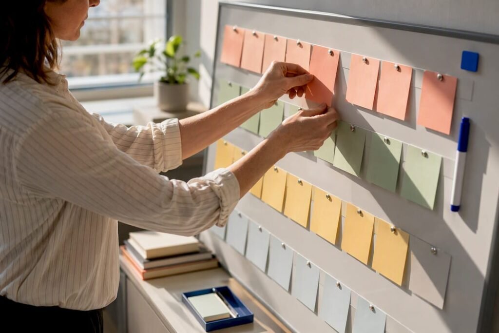 Hands arranging a tiered editorial calendar