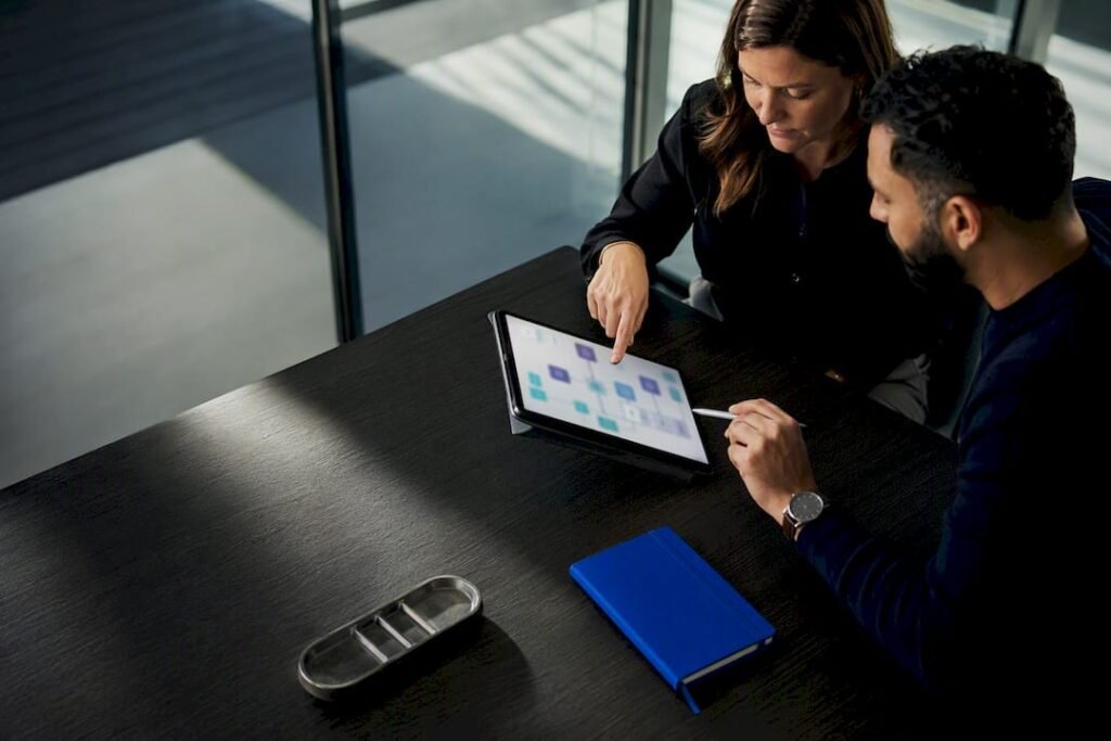 Marketing team reviewing connected content workflow