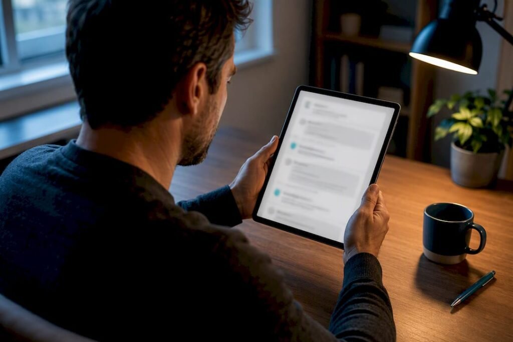 Person reviewing an online discussion thread