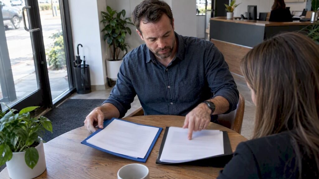 Business owner comparing monthly SEO service folders