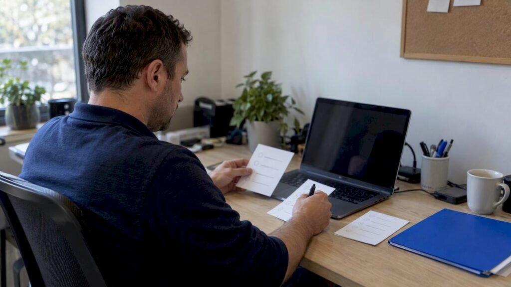 Business owner reviewing SEO automation tasks