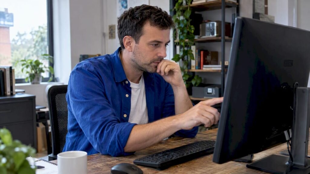 SEO specialist auditing internal links on monitor