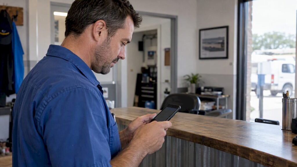 Service business owner checking a page on phone