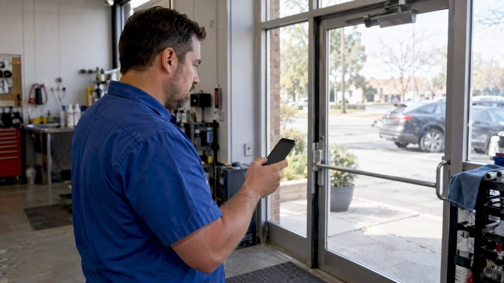 Business owner checking details at storefront
