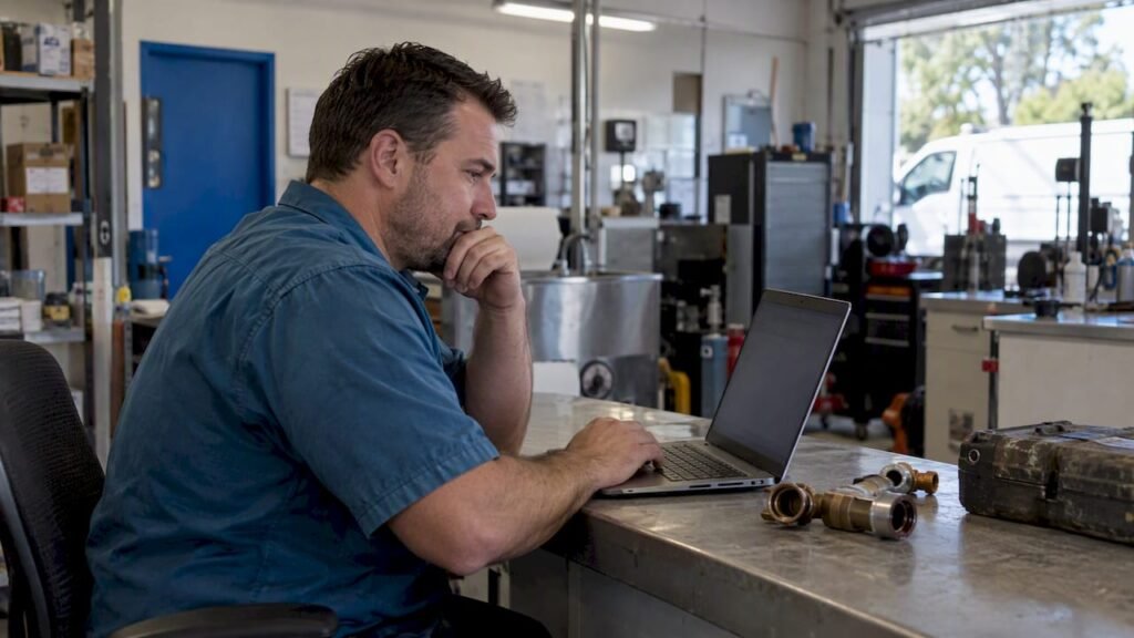 Plumbing business owner reviewing an article placement